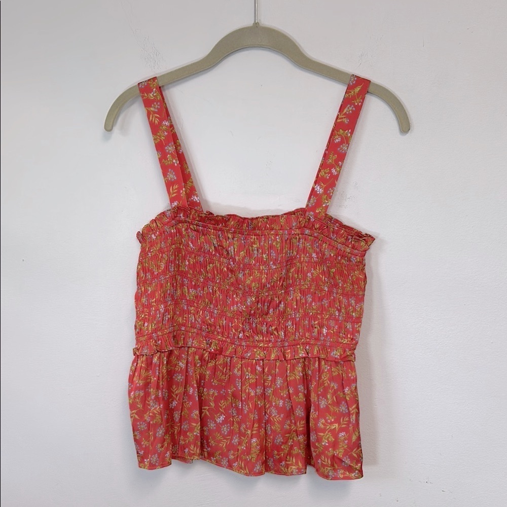 J. Crew Smocked Featherweight Satin Women’s Size L Coral Meadow Floral Tank Top - Picture 2 of 13